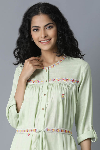 W for Woman Pista Green Gathered Shirt Dress