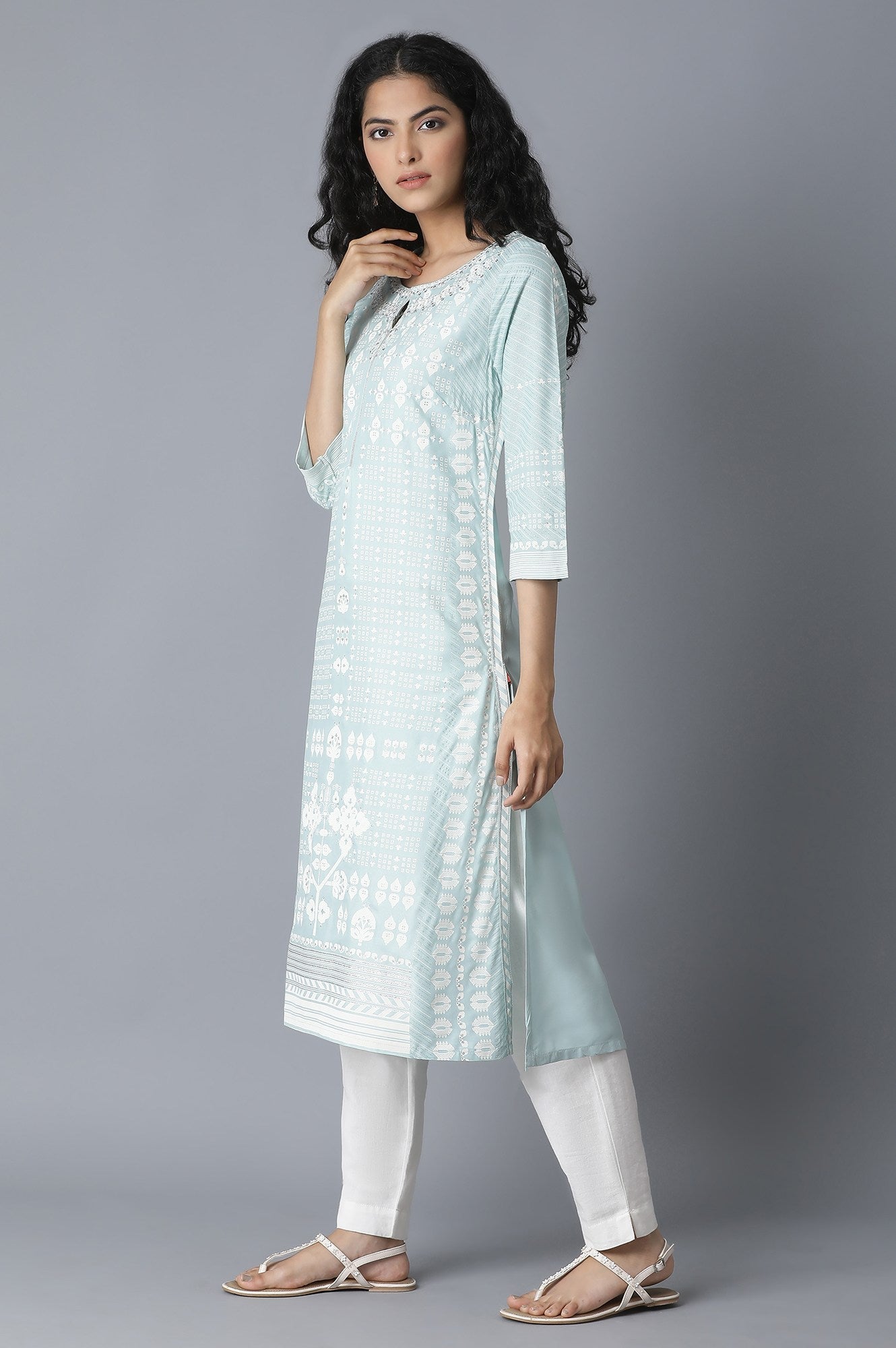 W for Woman Sky Blue Khari Printed kurta