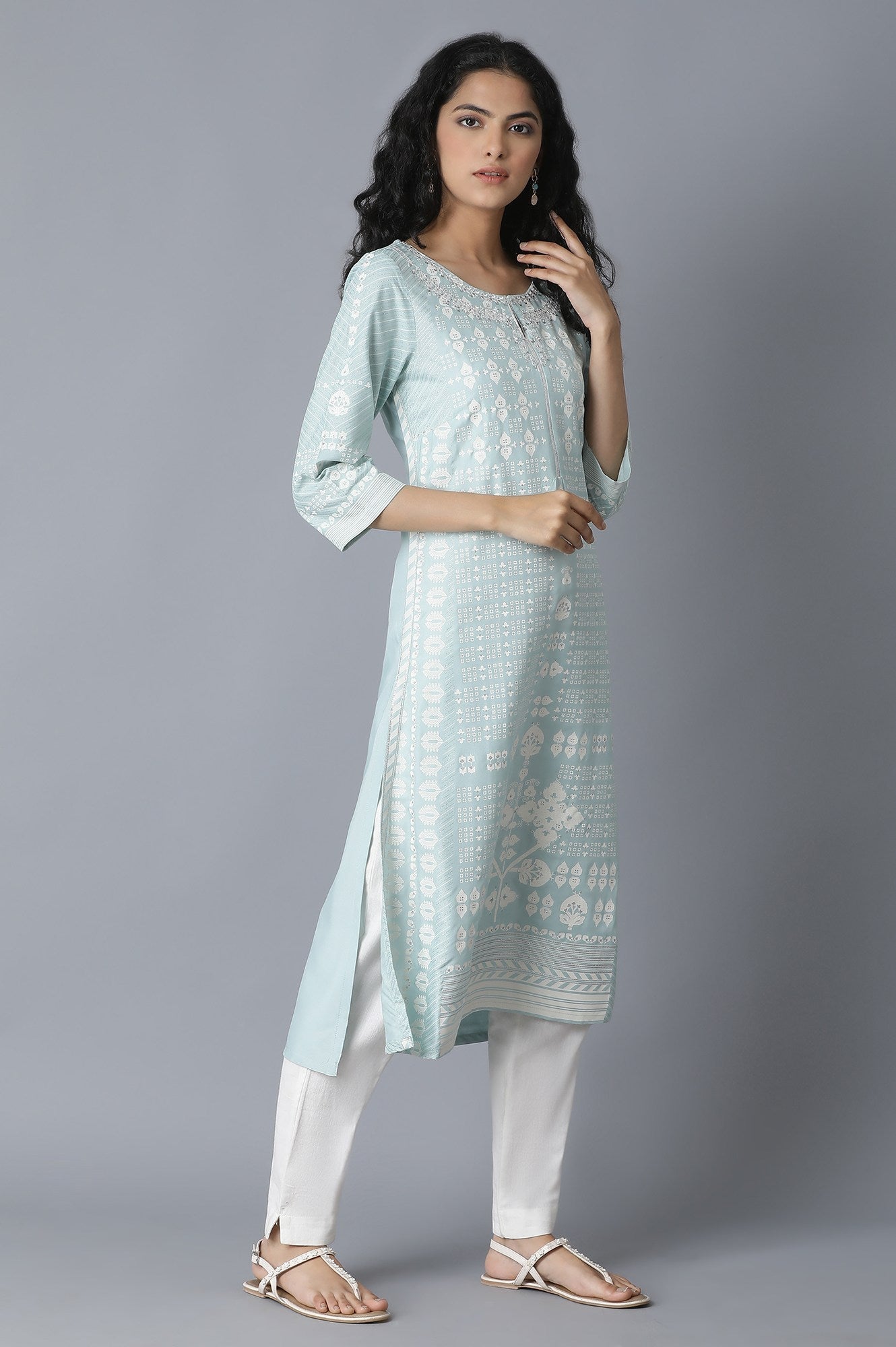 W for Woman Sky Blue Khari Printed kurta