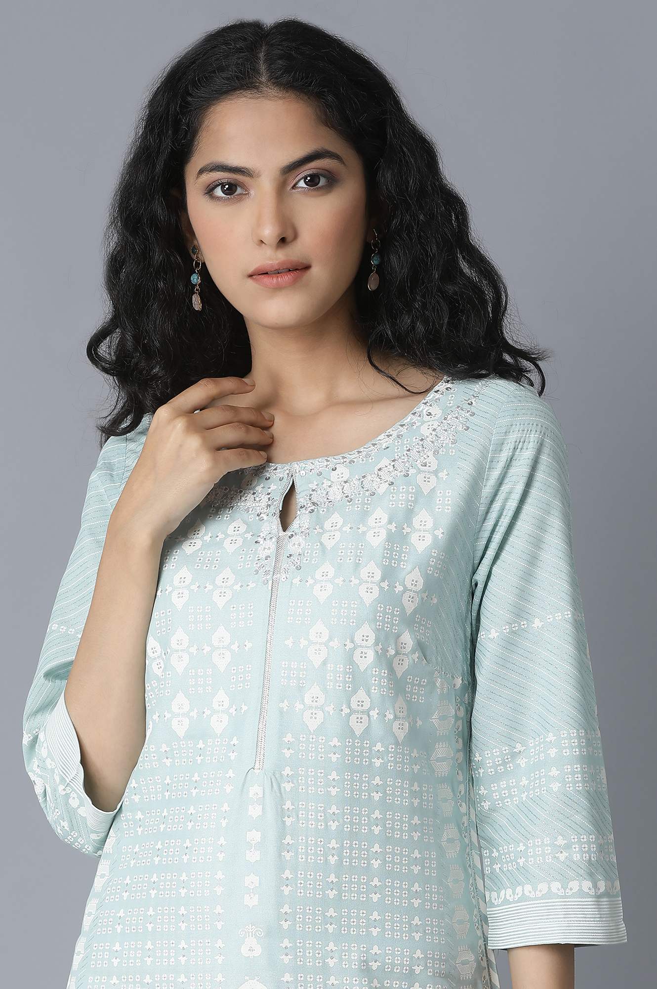 W for Woman Sky Blue Khari Printed kurta
