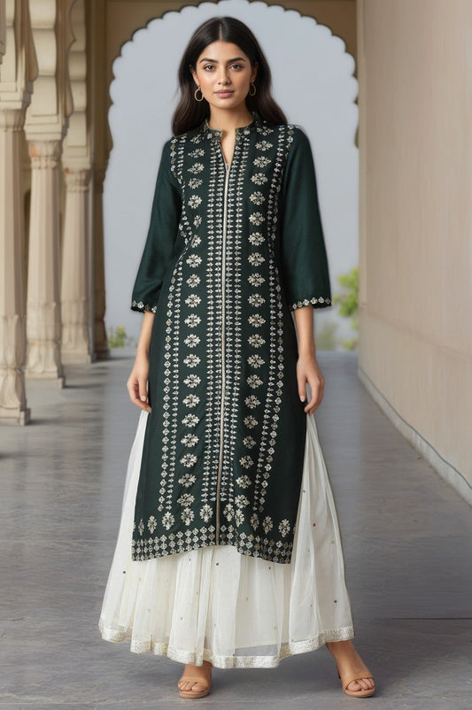 W for Woman Teal Printed Rayon kurta