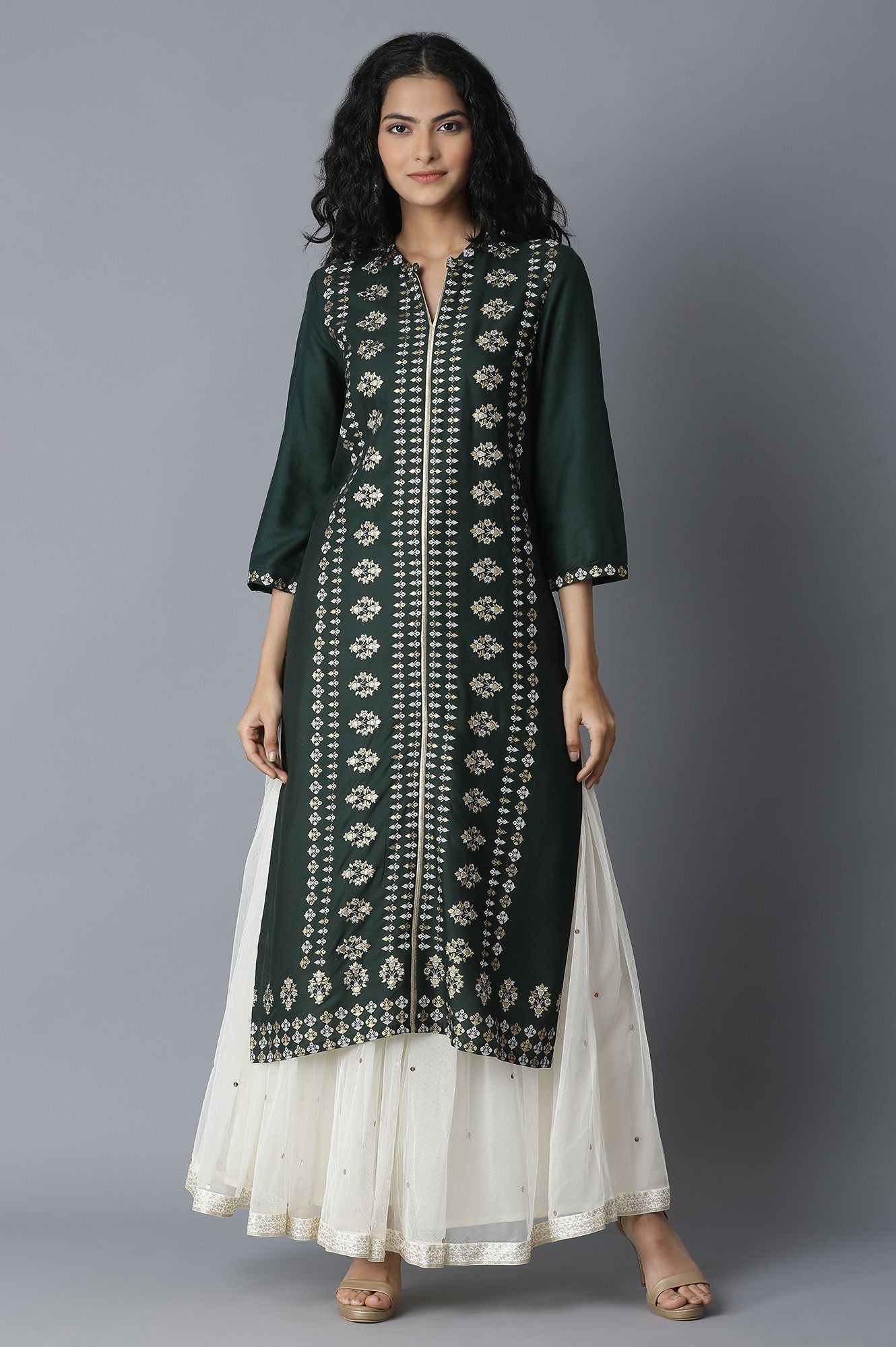 W for Woman Teal Printed Rayon kurta