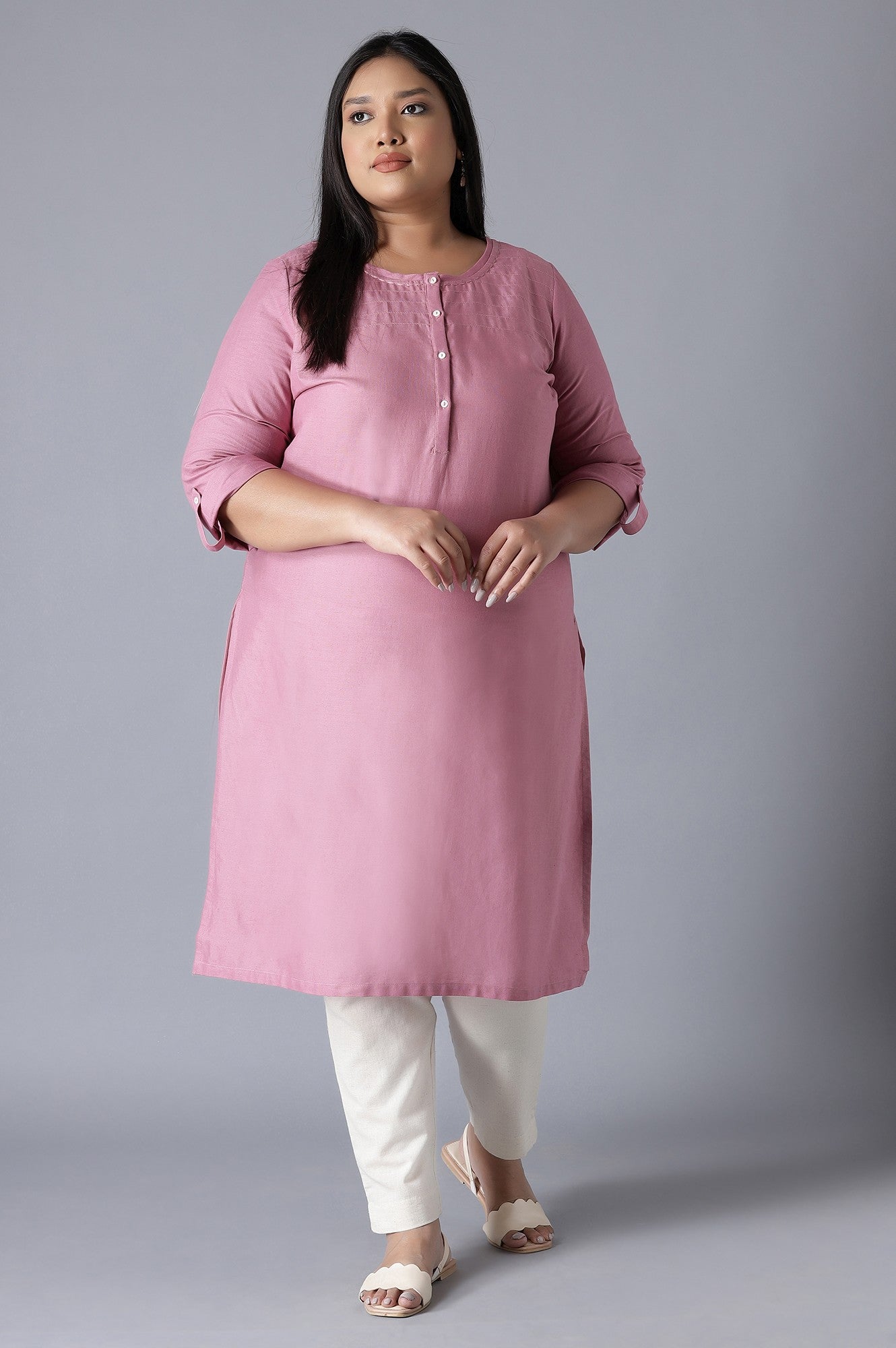 W for Woman Mauve Round Neck Solid kurta