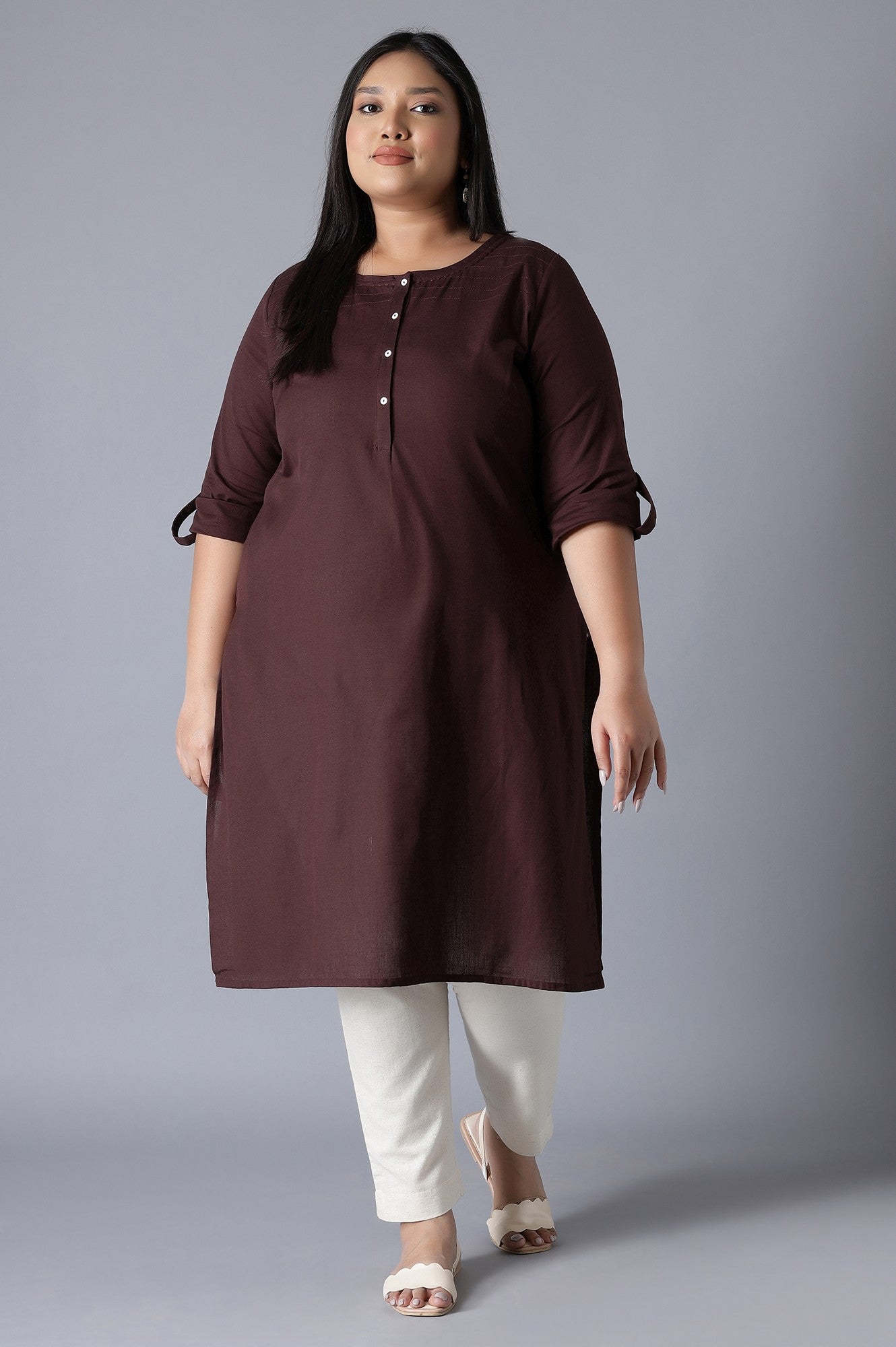 W for Woman Brown Round Neck Solid kurta