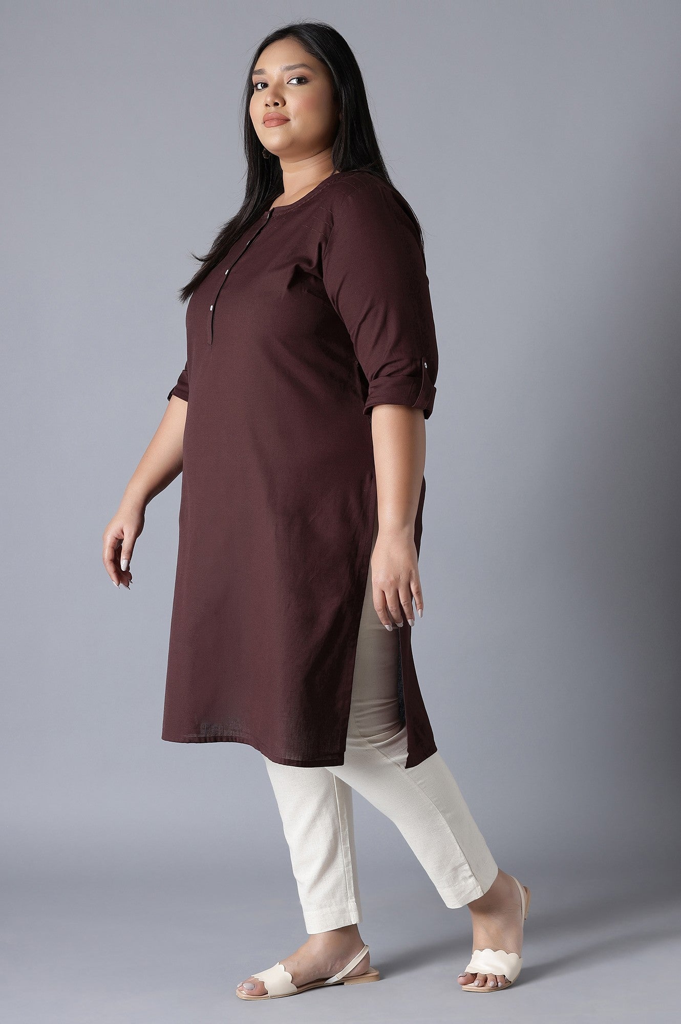 W for Woman Brown Round Neck Solid kurta