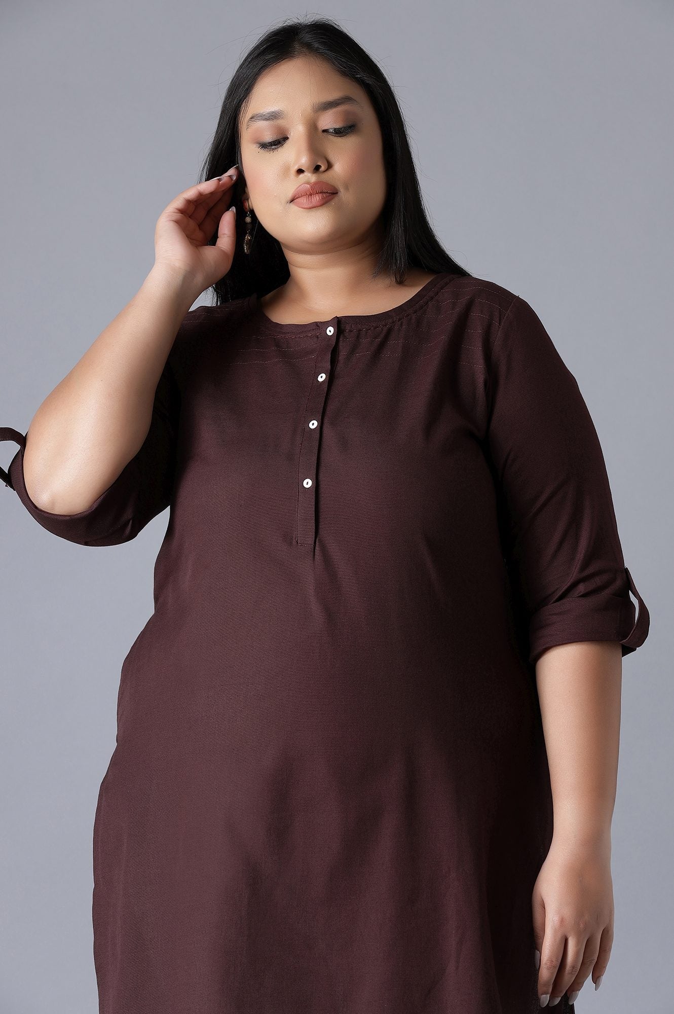 W for Woman Brown Round Neck Solid kurta