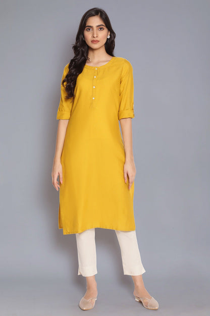 W for Woman Yellow Round Neck Solid kurta