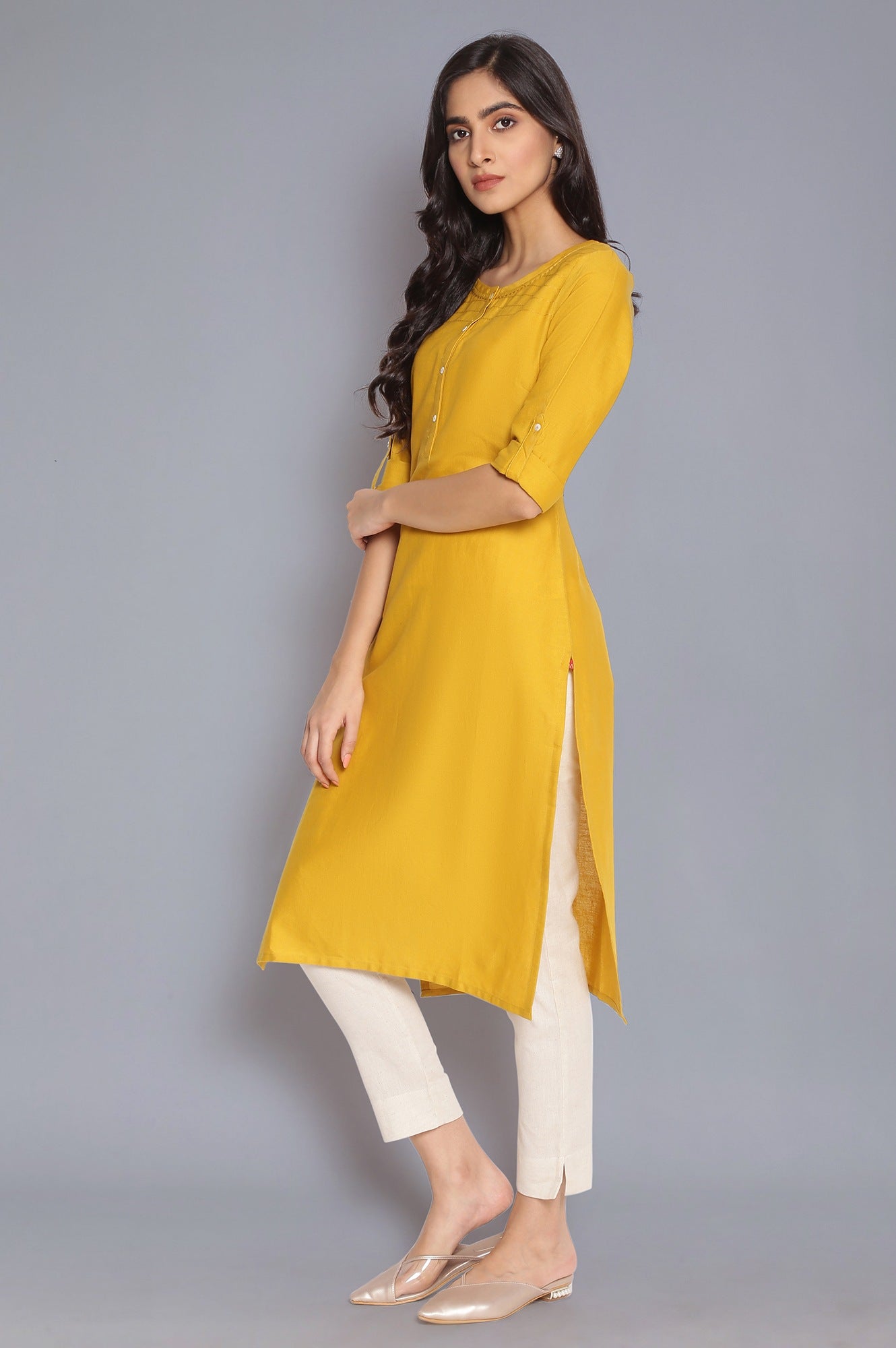 W for Woman Yellow Round Neck Solid kurta