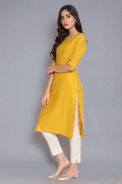 W for Woman Yellow Round Neck Solid kurta