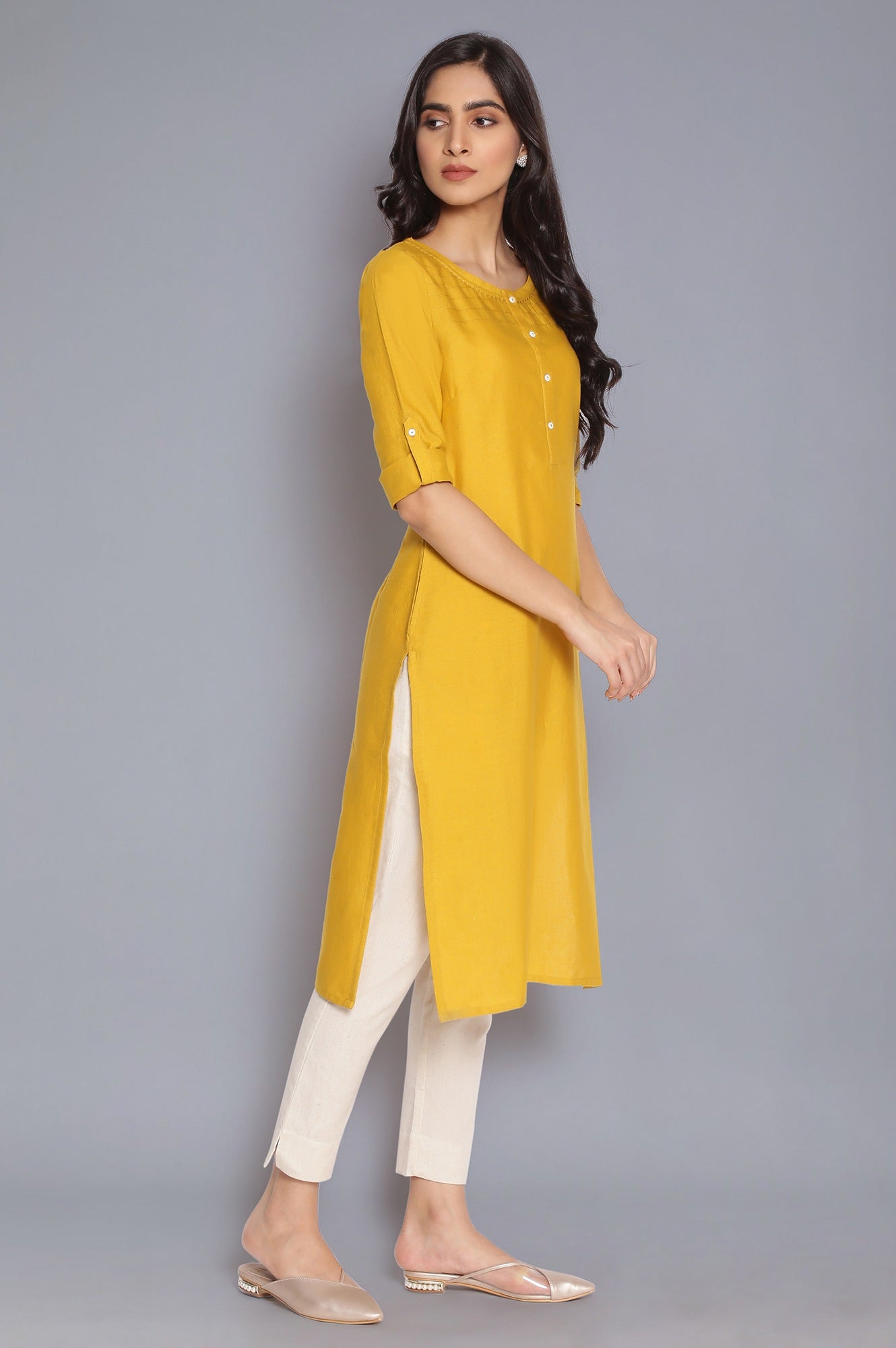 W for Woman Yellow Round Neck Solid kurta