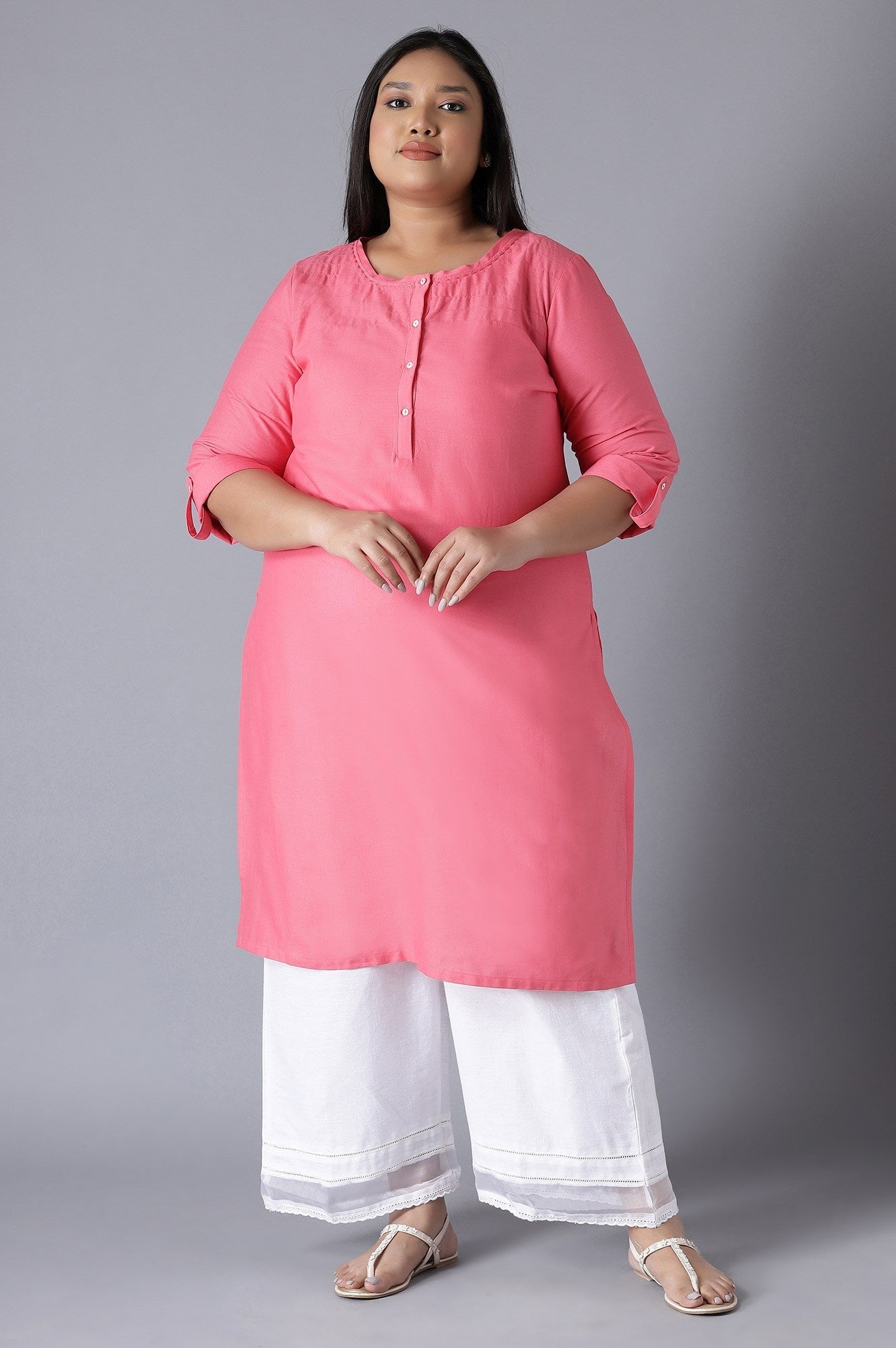 W for Woman Pink Round Neck Solid kurta