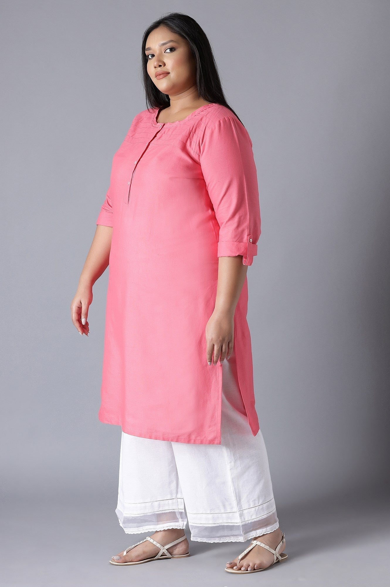 W for Woman Pink Round Neck Solid kurta