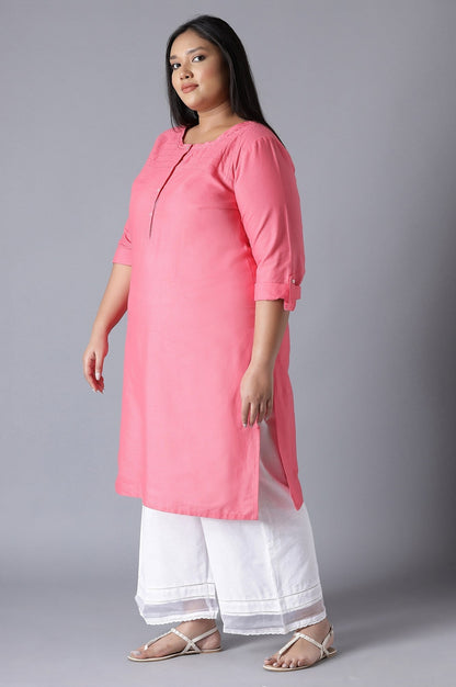 W for Woman Pink Round Neck Solid kurta