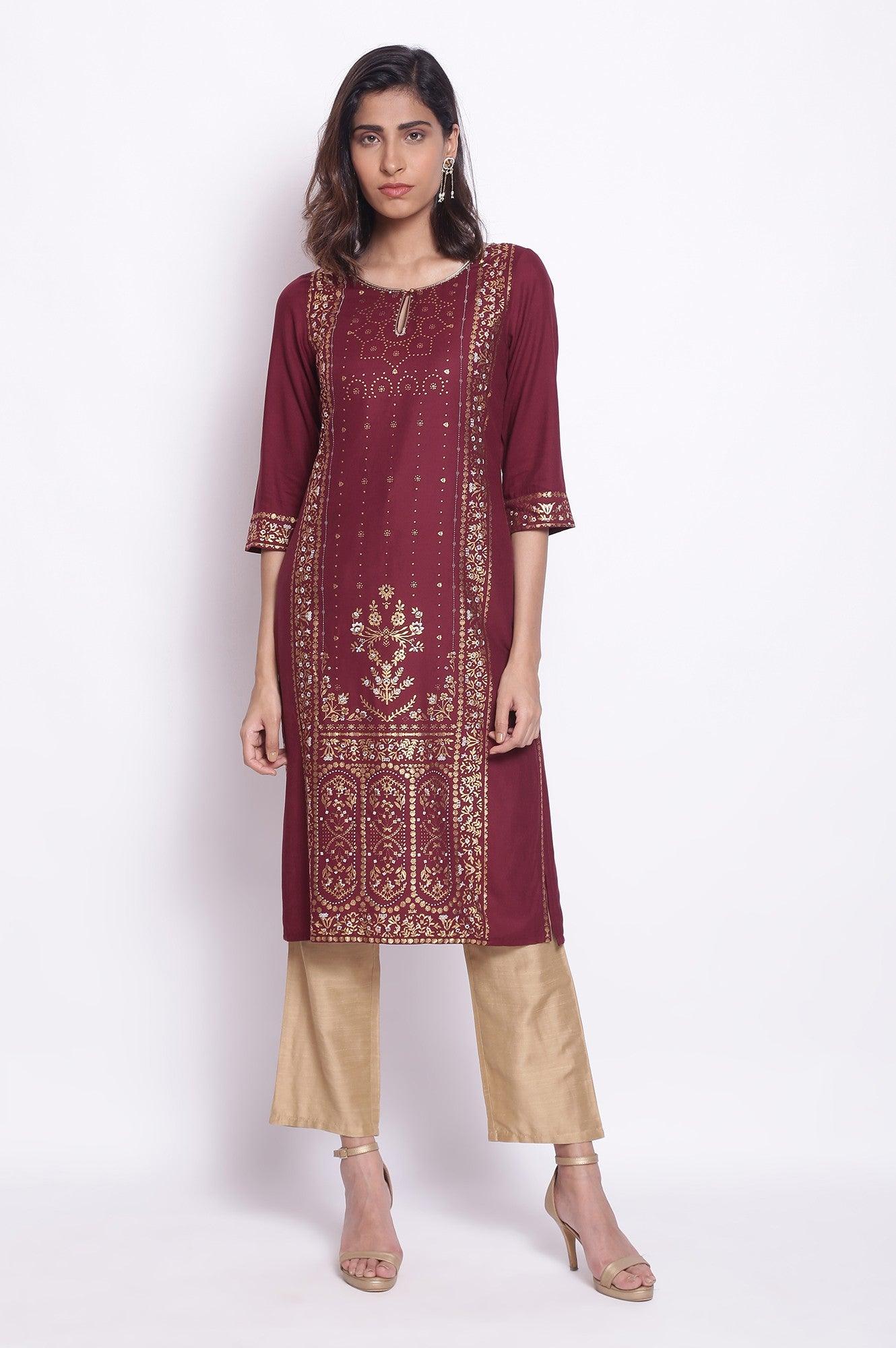 W for Woman Purple Straight Foil Print kurta