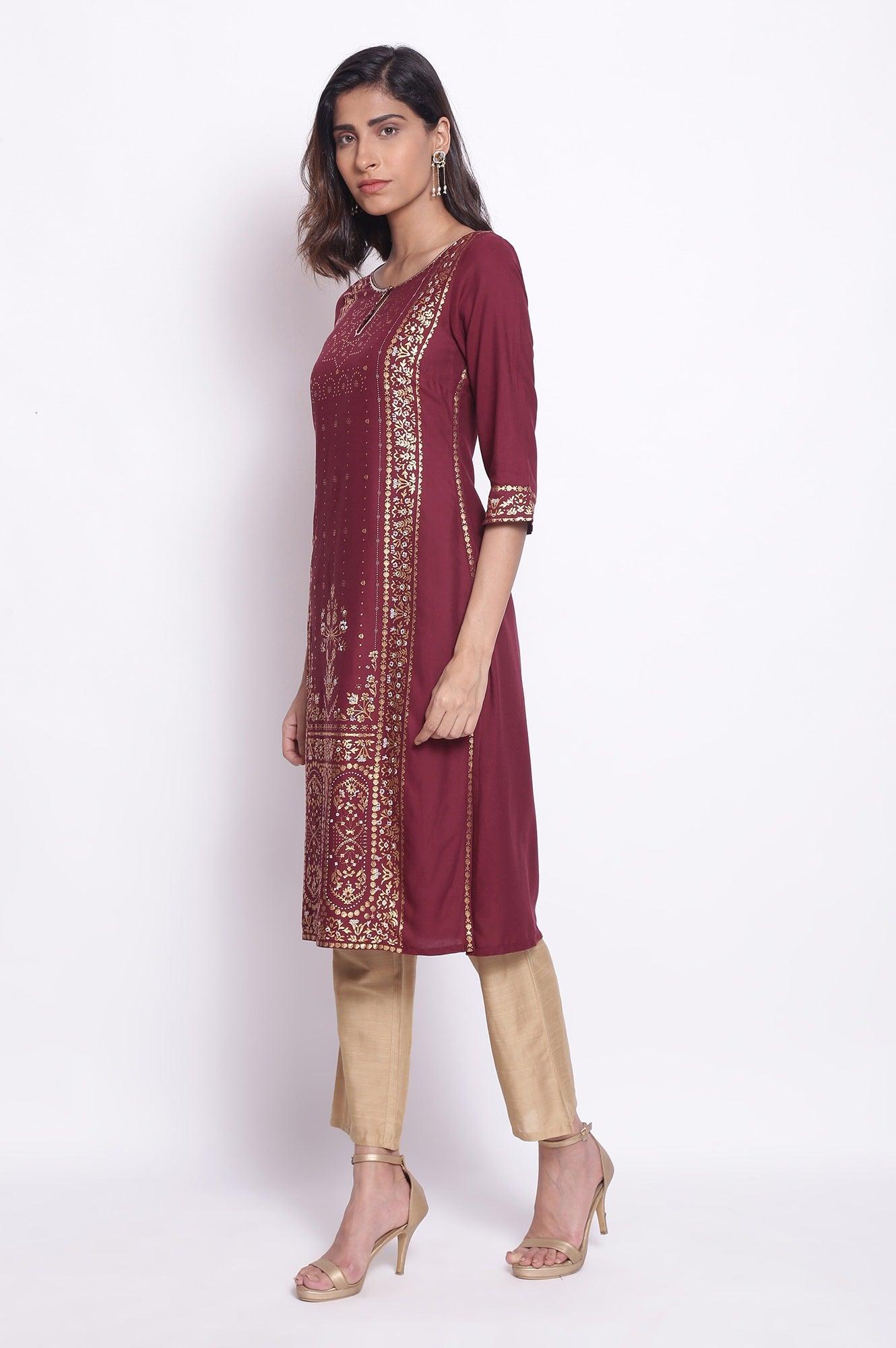 W for Woman Purple Straight Foil Print kurta