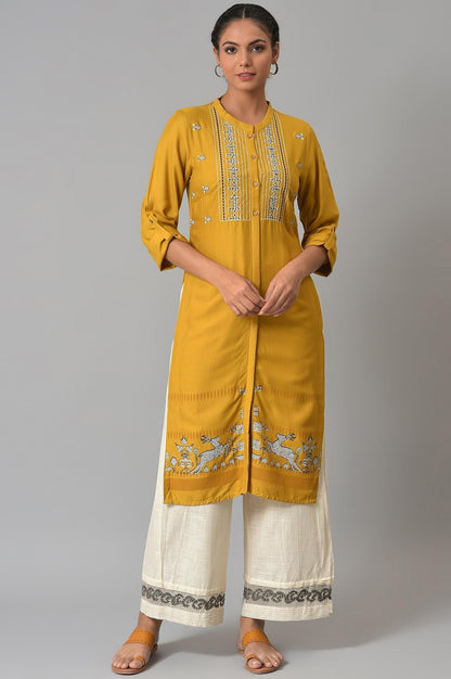 W for Woman Yellow Embroidered and Printed Shirt kurta