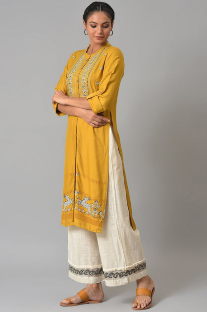 W for Woman Yellow Embroidered and Printed Shirt kurta