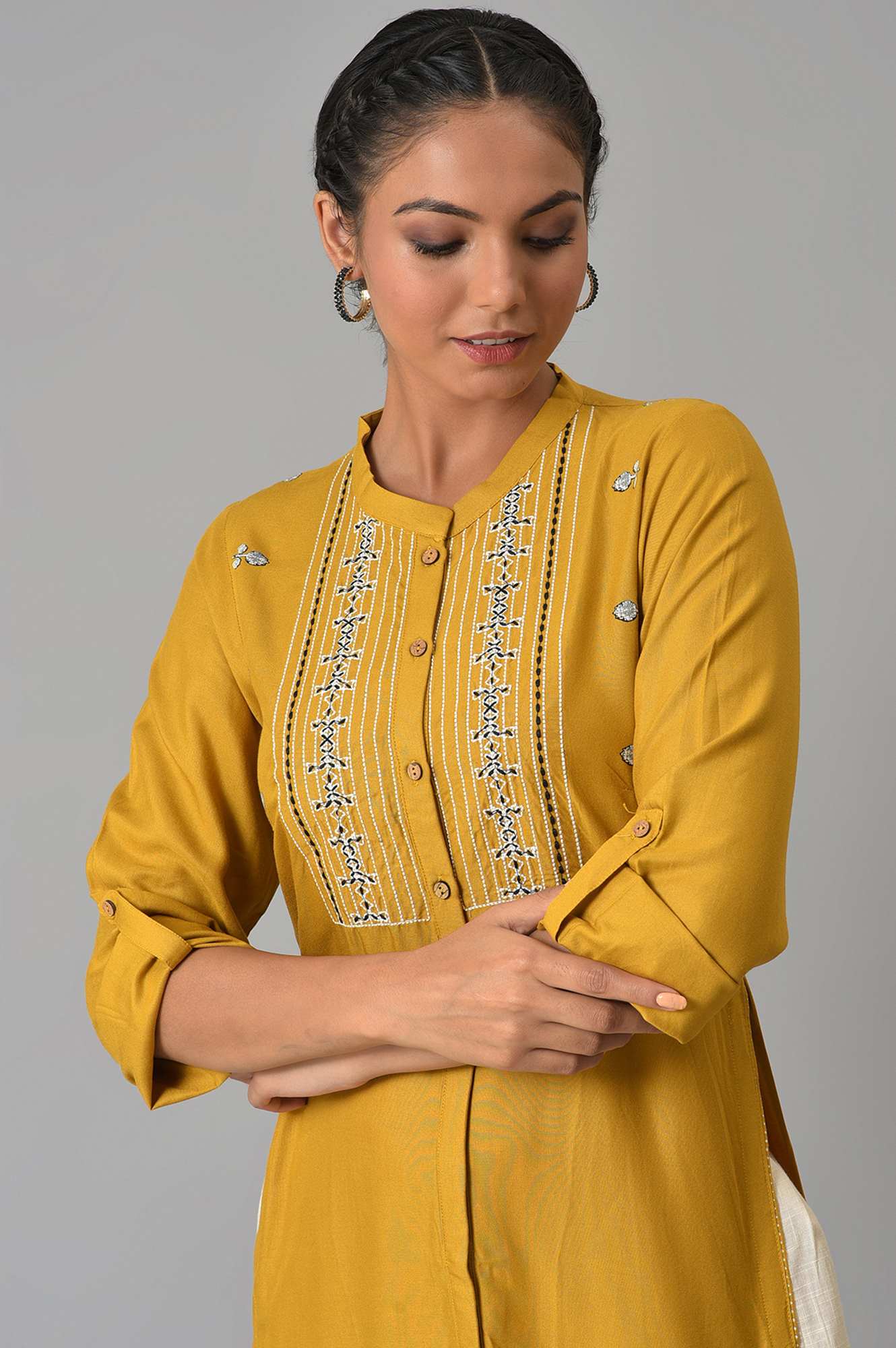 W for Woman Yellow Embroidered and Printed Shirt kurta