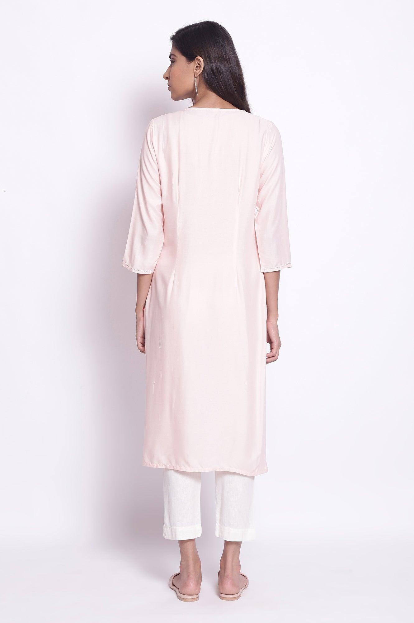 W for Woman Peach Pink kurta with Pintuck on Yoke