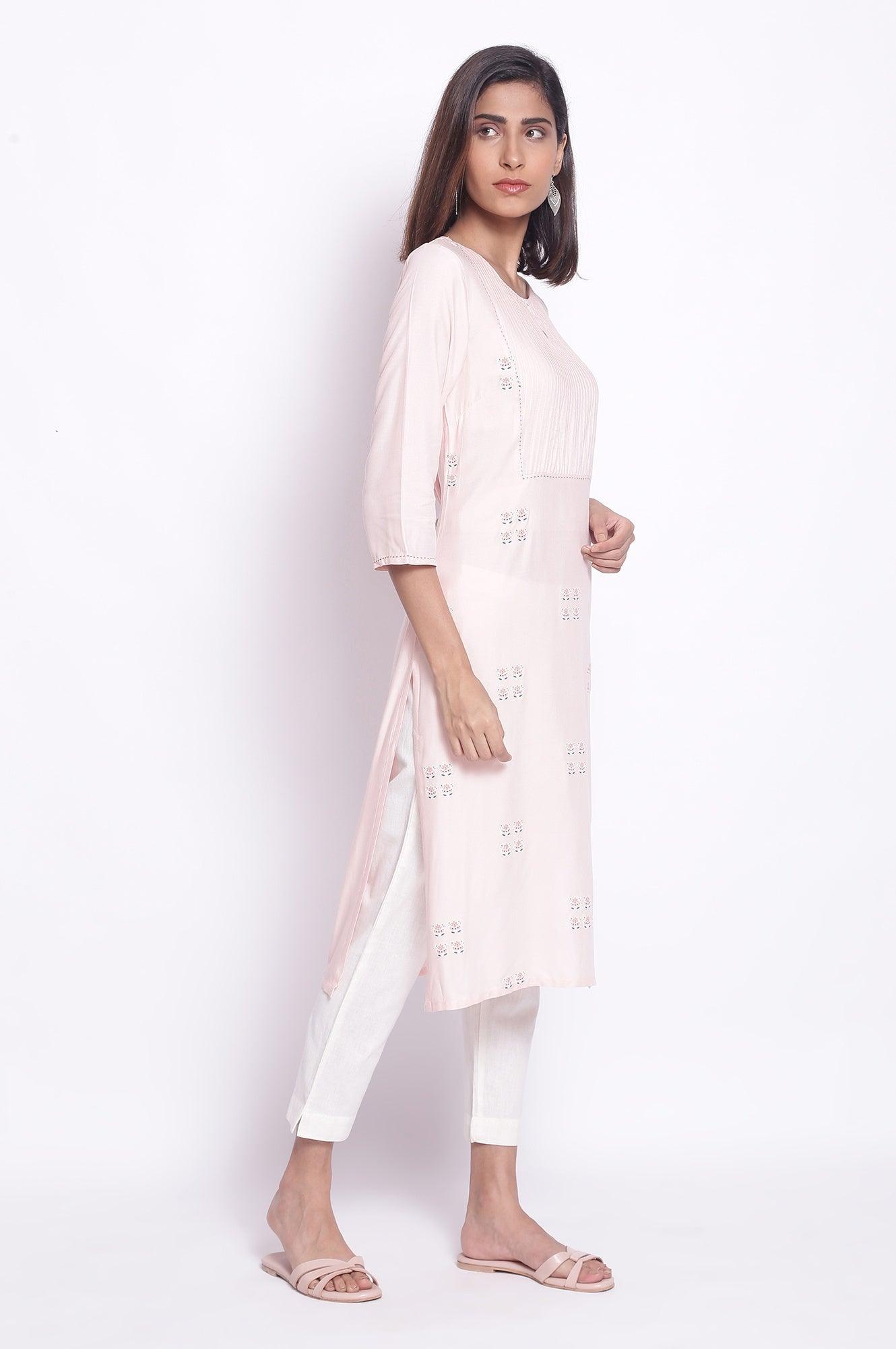 W for Woman Peach Pink kurta with Pintuck on Yoke