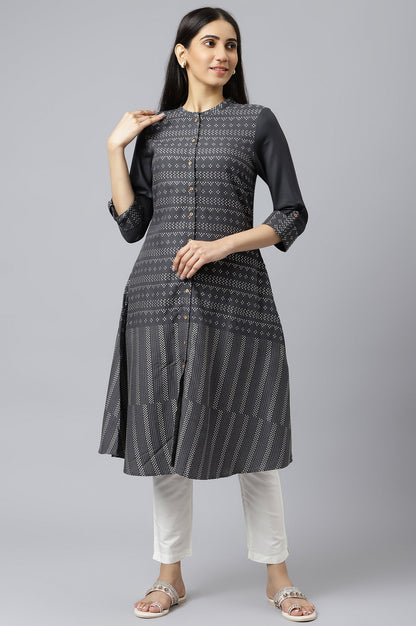 W for Woman Asphalt Grey A-Line Dobby kurta