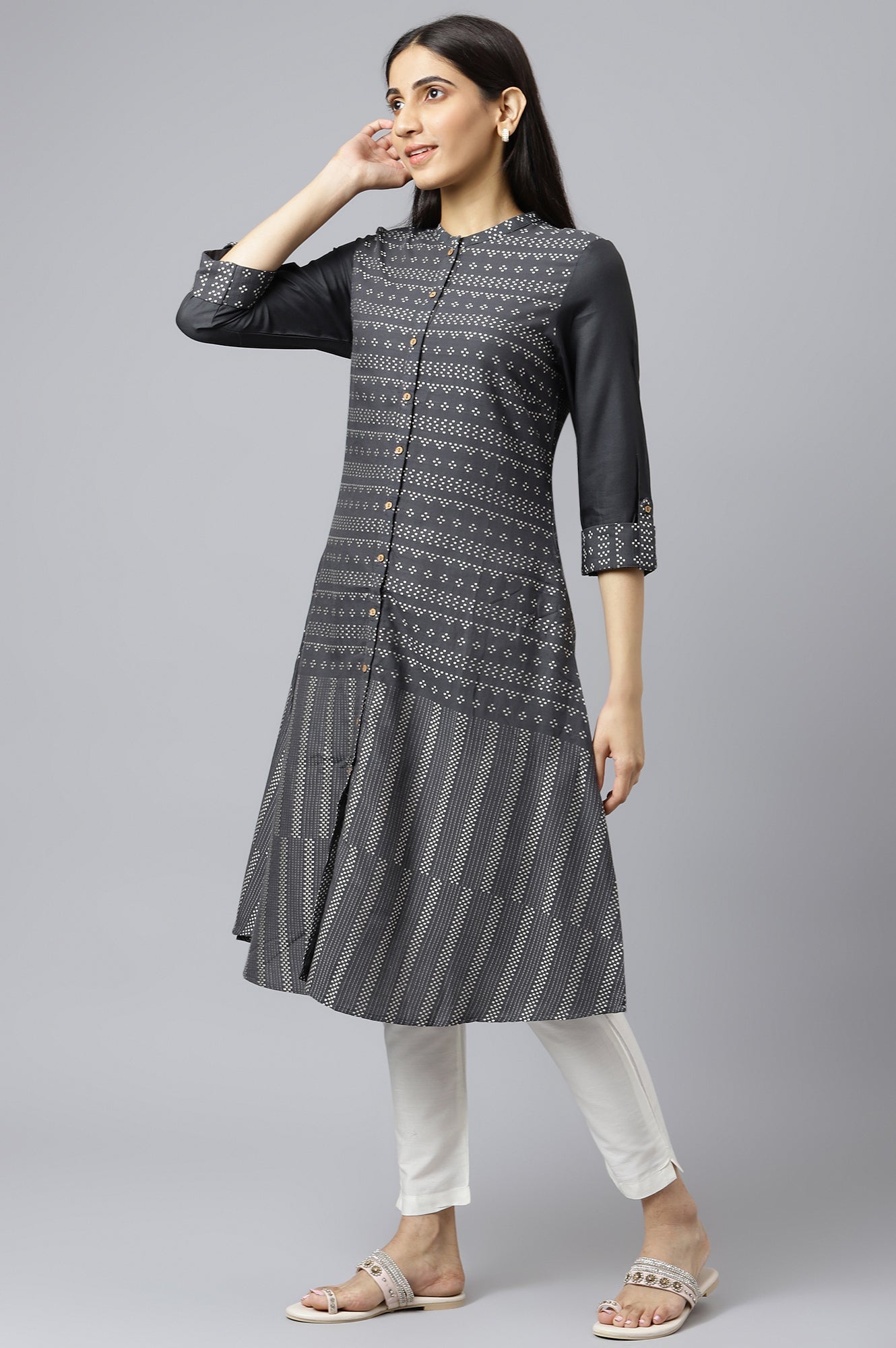 W for Woman Asphalt Grey A-Line Dobby kurta