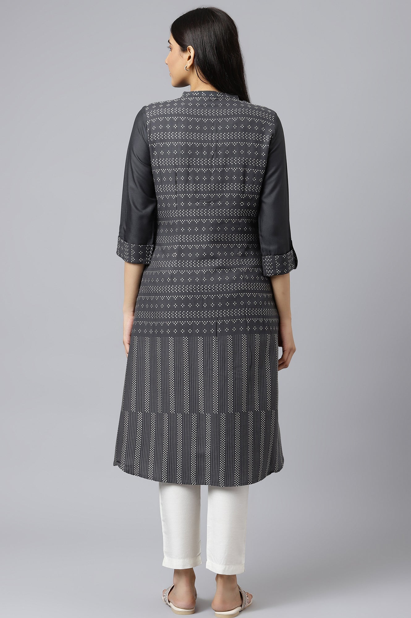 W for Woman Asphalt Grey A-Line Dobby kurta