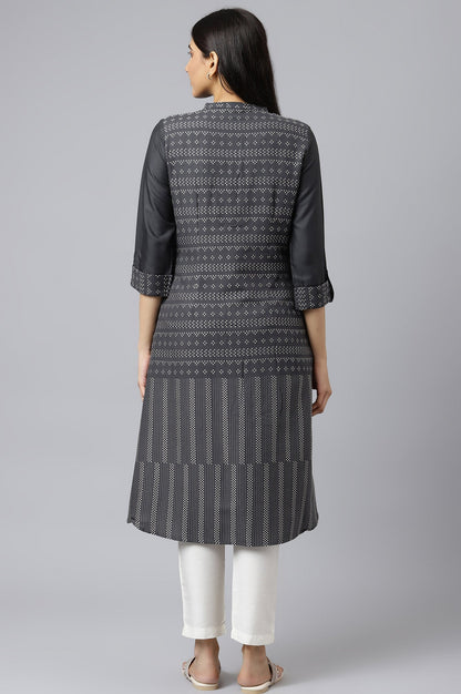 W for Woman Asphalt Grey A-Line Dobby kurta