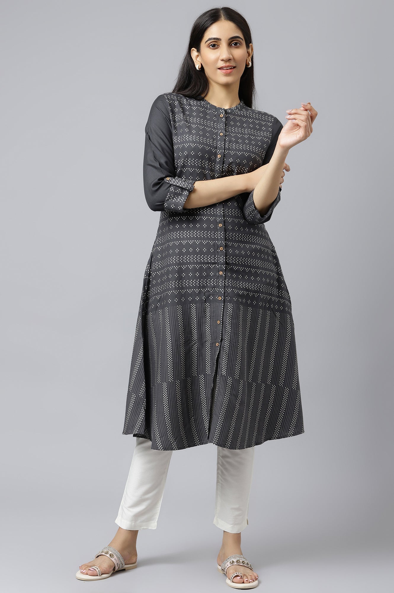 W for Woman Asphalt Grey A-Line Dobby kurta