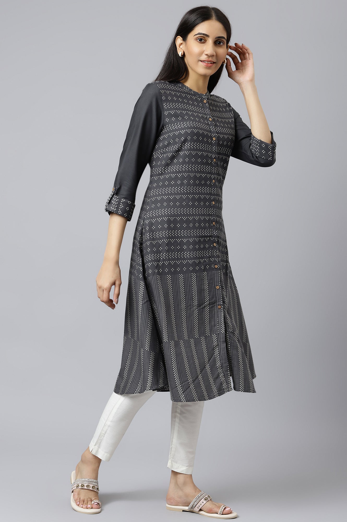 W for Woman Asphalt Grey A-Line Dobby kurta
