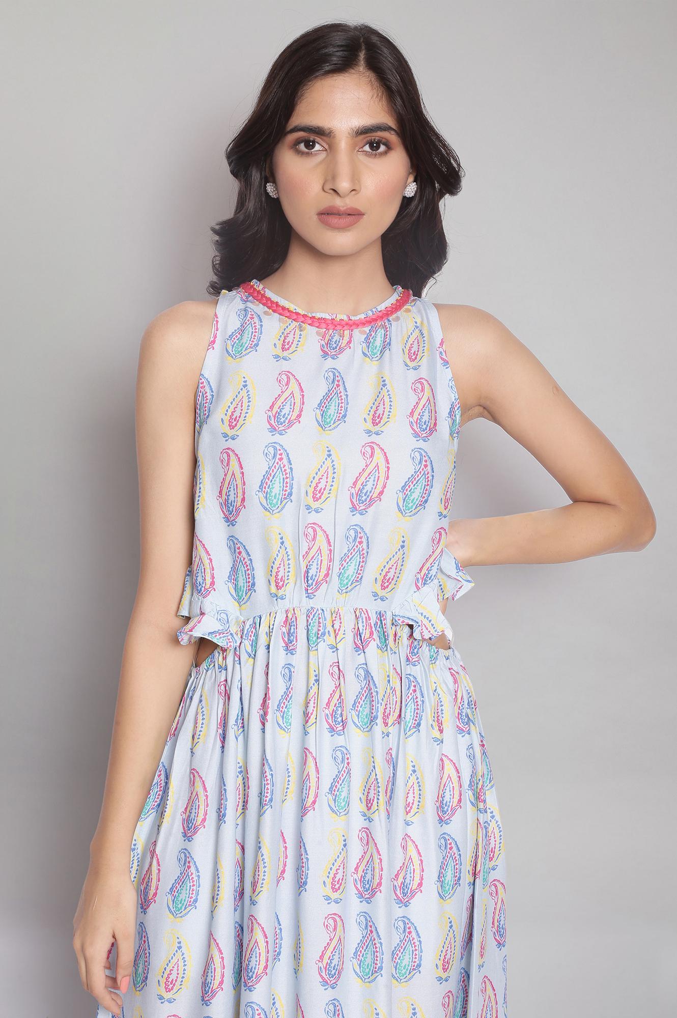 W for Woman Blue Printed Cut-outs Dress