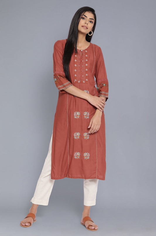 W for Woman Orange Solid Cotton Straight Kurta