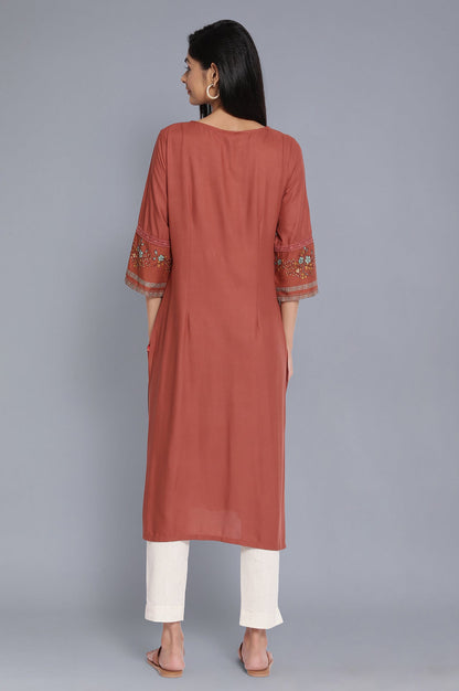 W for Woman Orange Solid Cotton Straight Kurta