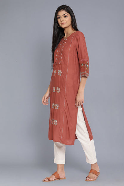 W for Woman Orange Solid Cotton Straight Kurta