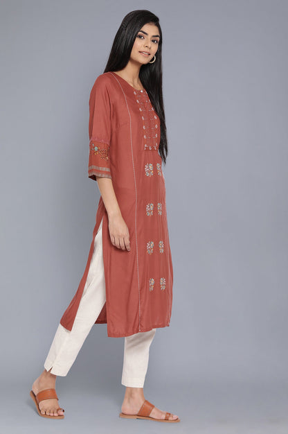 W for Woman Orange Solid Cotton Straight Kurta