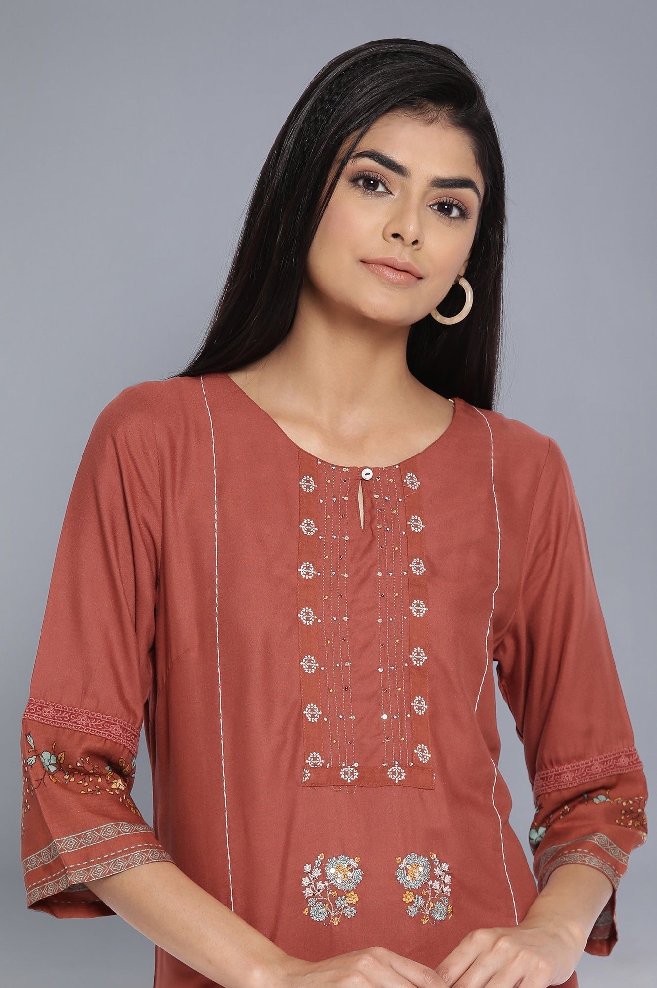 W for Woman Orange Solid Cotton Straight Kurta