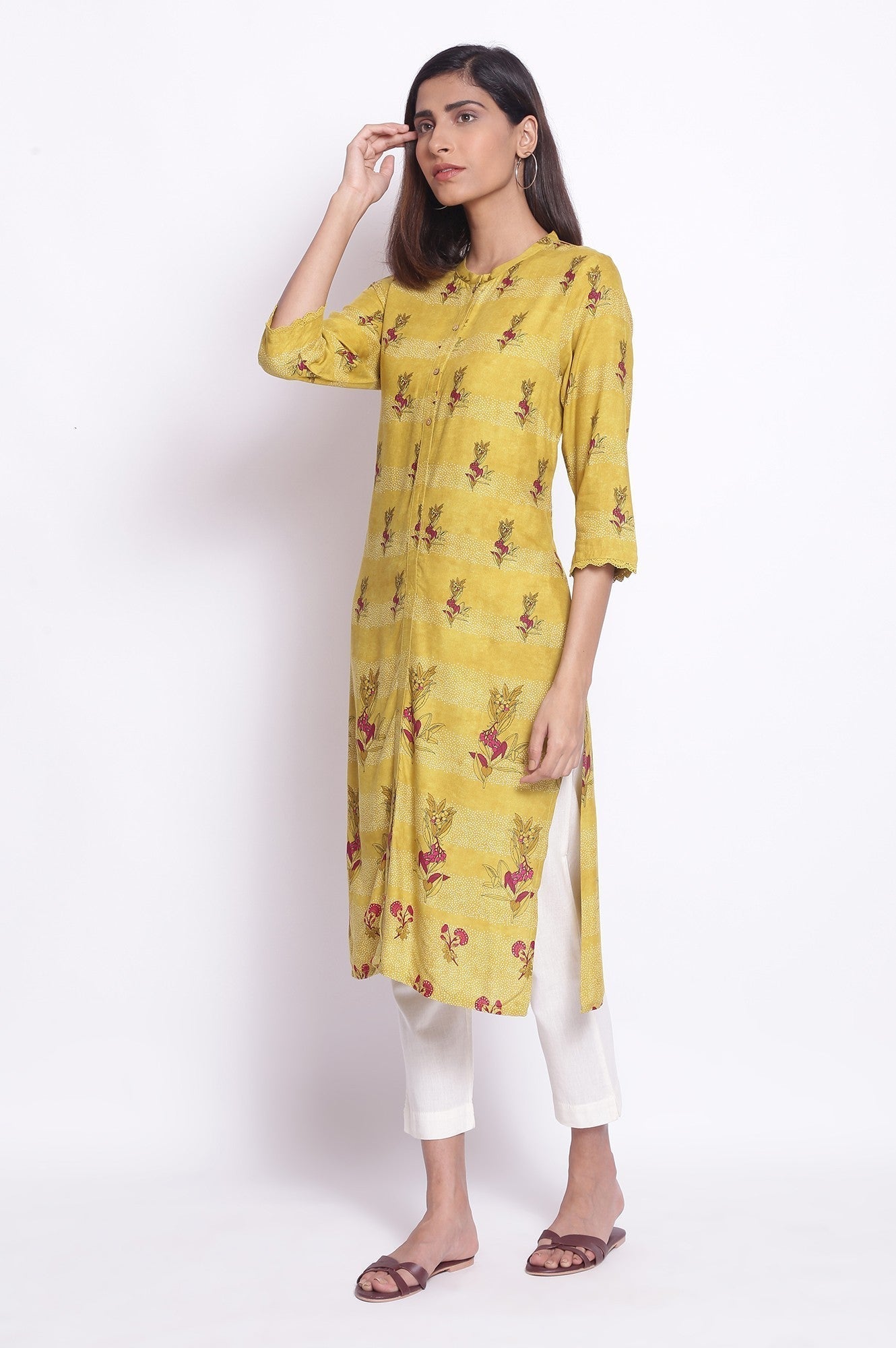 W for Woman Celery Yellow Placement Print kurta