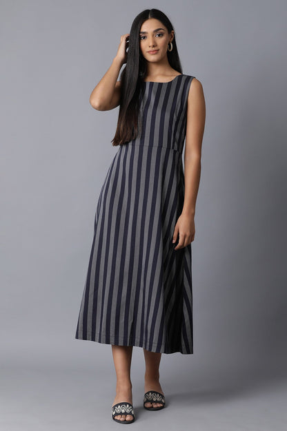 W for Woman Dark Blue Sleeveless Yarn Dyed Dress