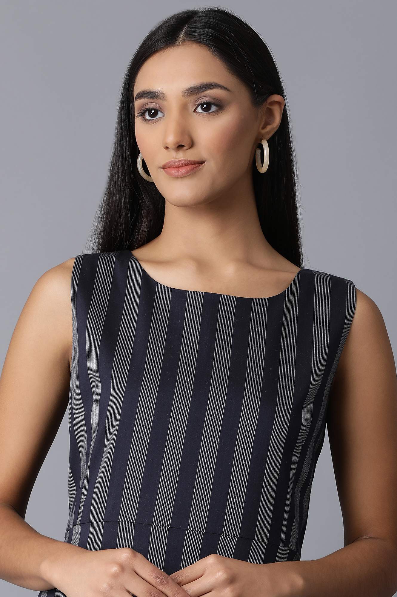W for Woman Dark Blue Sleeveless Yarn Dyed Dress