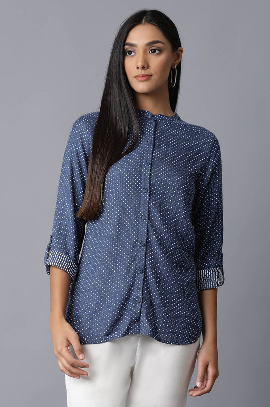 W for Woman Dark Blue Mandarin Collar Shirt