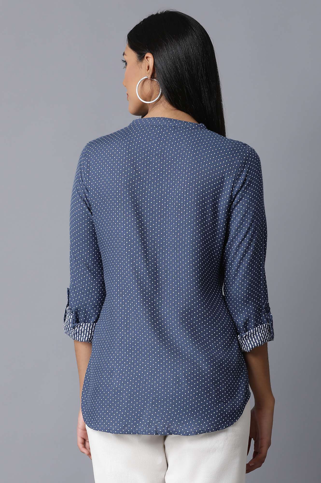 W for Woman Dark Blue Mandarin Collar Shirt