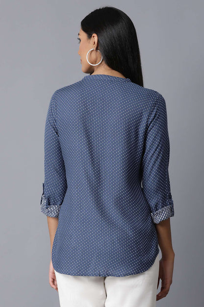 W for Woman Dark Blue Mandarin Collar Shirt