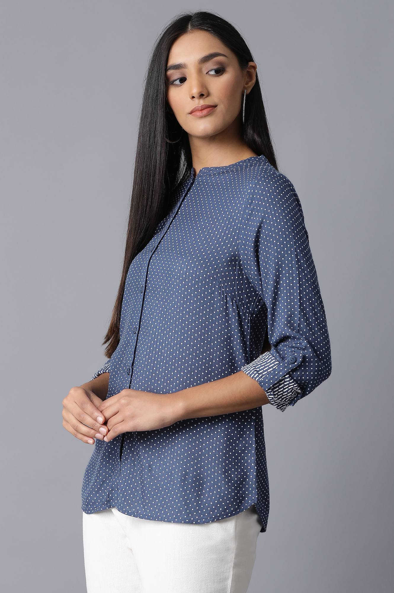 W for Woman Dark Blue Mandarin Collar Shirt