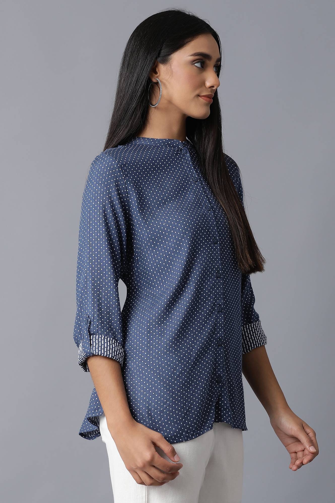 W for Woman Dark Blue Mandarin Collar Shirt