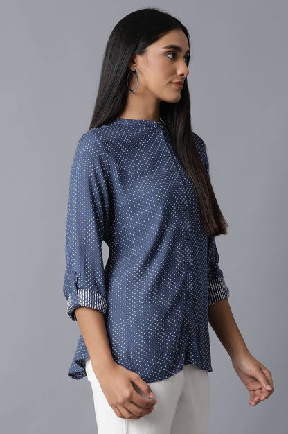 W for Woman Dark Blue Mandarin Collar Shirt