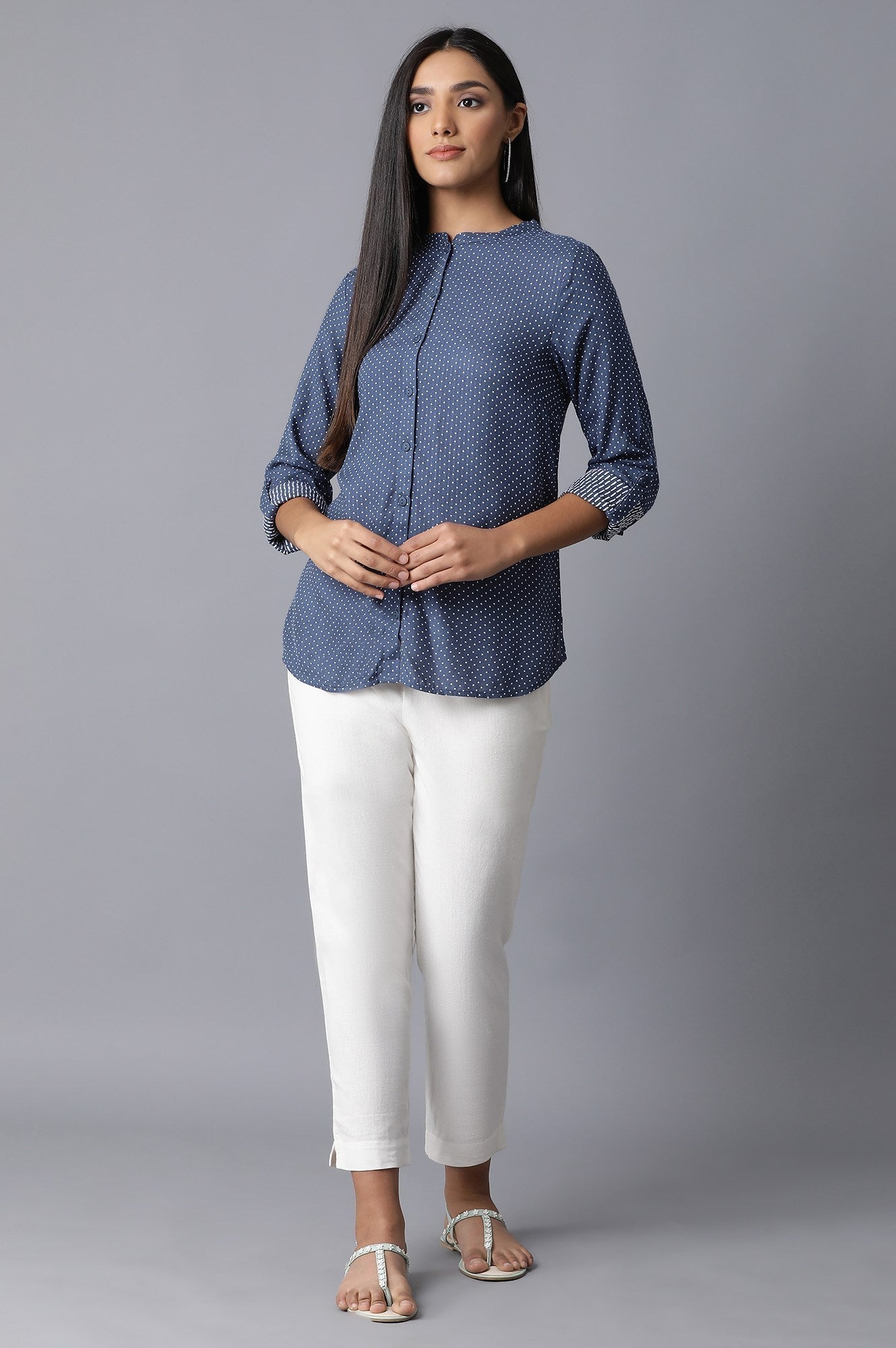W for Woman Dark Blue Mandarin Collar Shirt