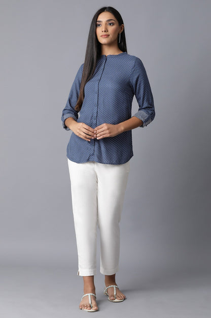W for Woman Dark Blue Mandarin Collar Shirt