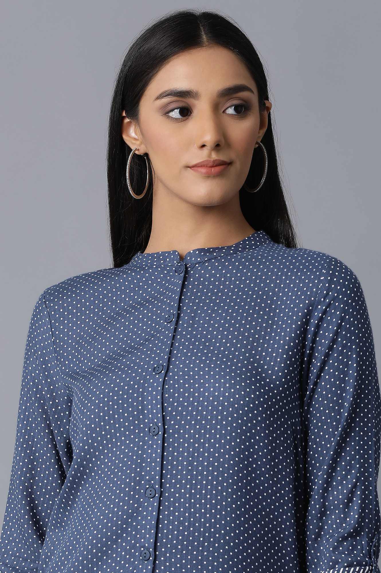 W for Woman Dark Blue Mandarin Collar Shirt