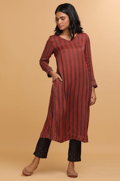 W for Woman Red Stripes Ajrakh Print kurta in Modal satin