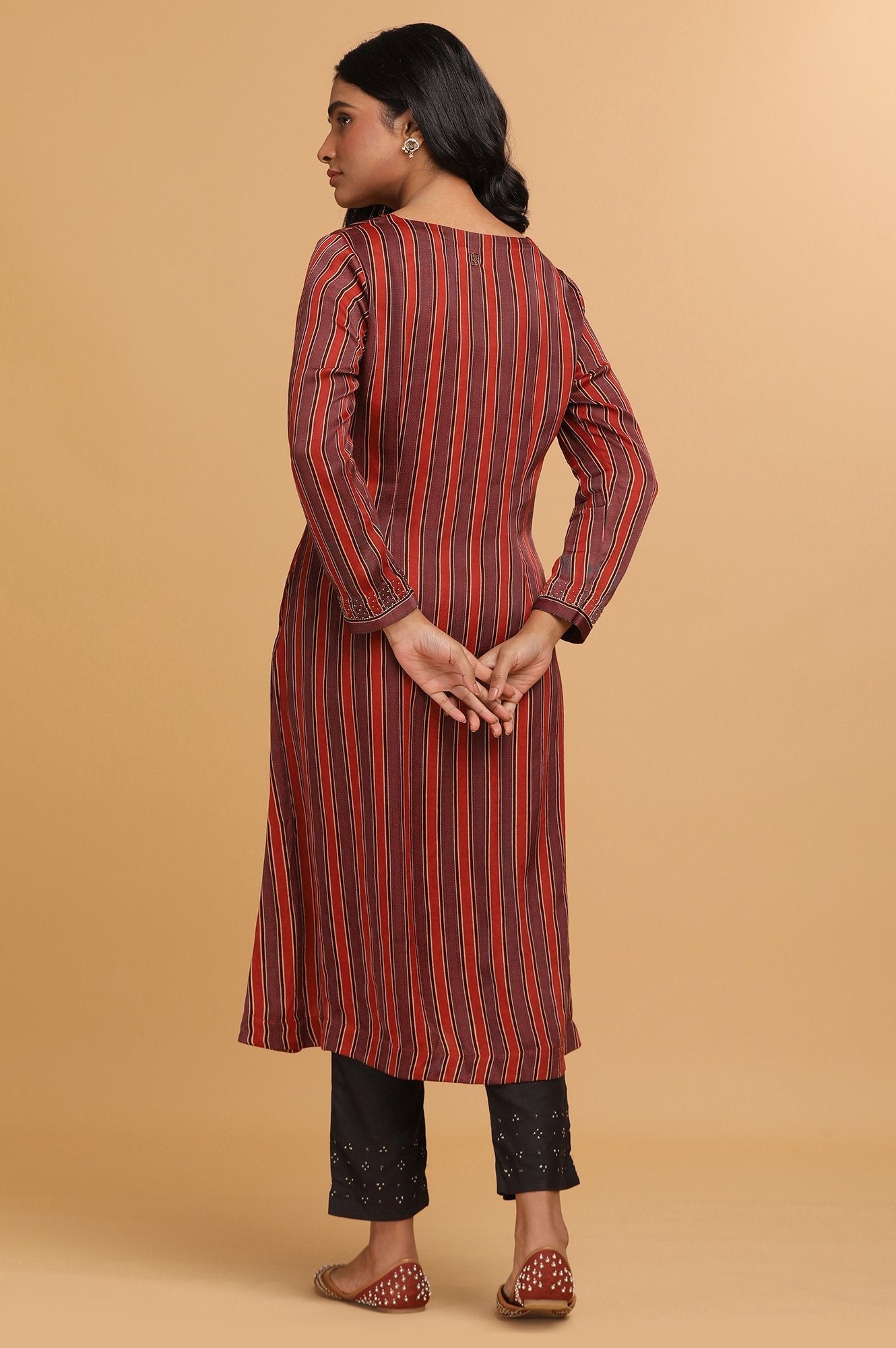 W for Woman Red Stripes Ajrakh Print kurta in Modal satin